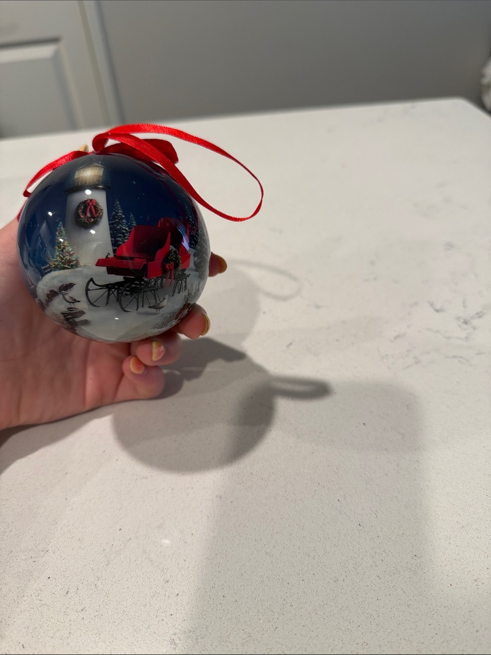 Saint John NB Canada Hand-Painted Blue Lighthouse Holiday Ornament with Red Bow - Picture 2 of 2